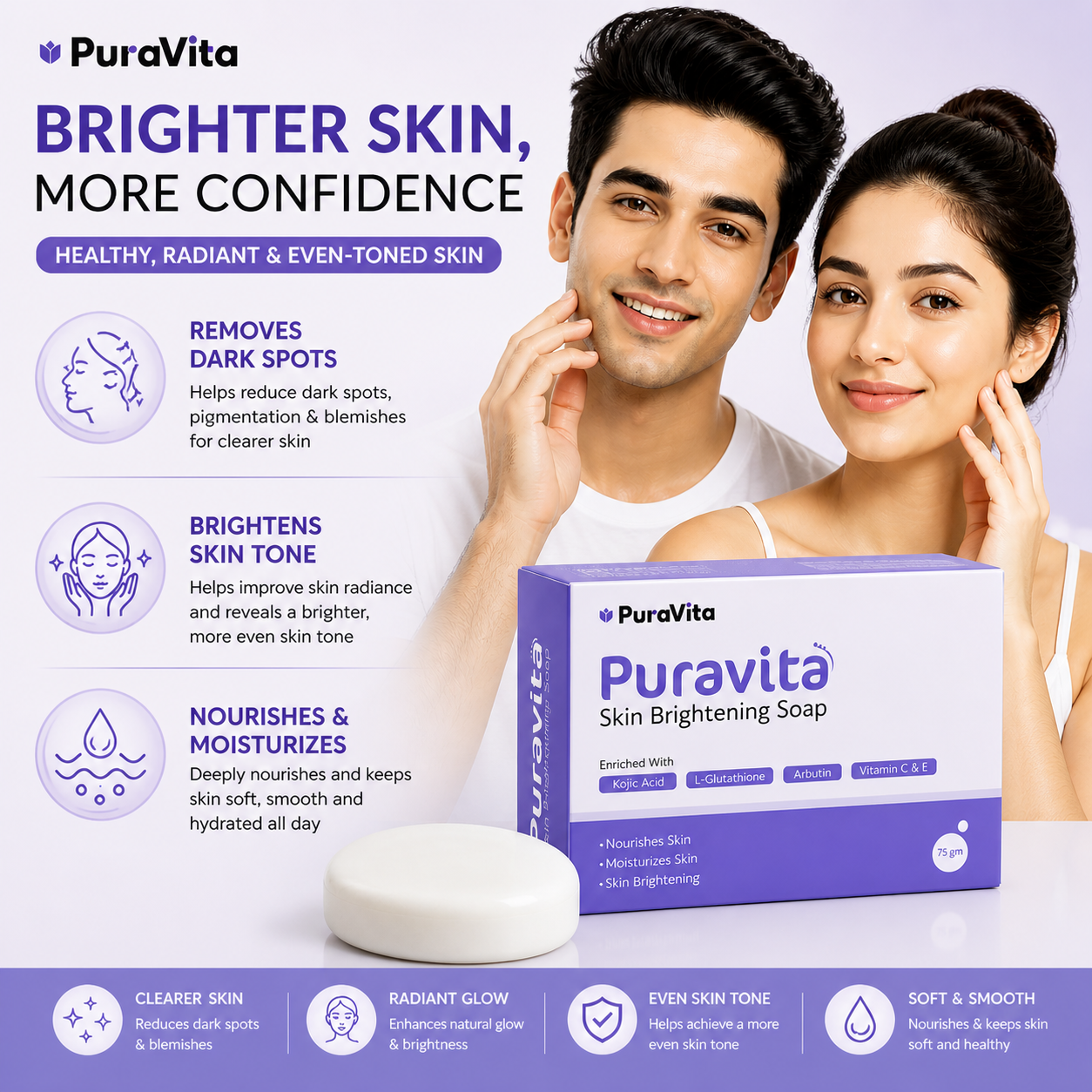 Puravita Skin Brightening Soap With Kojic Acid Glutathione | Tan Removal Soap for Men Women - Image 4